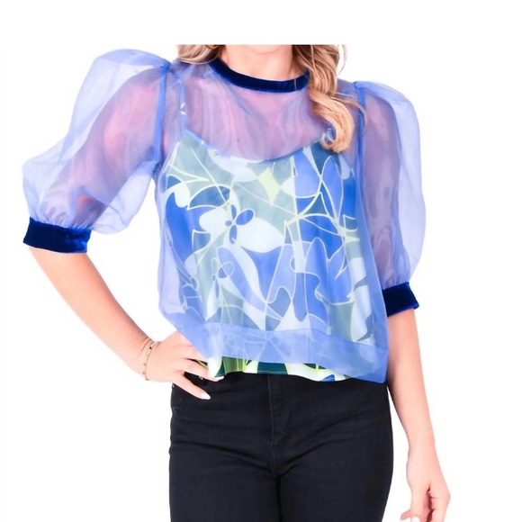Sheer Blue Puff Sleeve Blouse - Picture 1 of 5